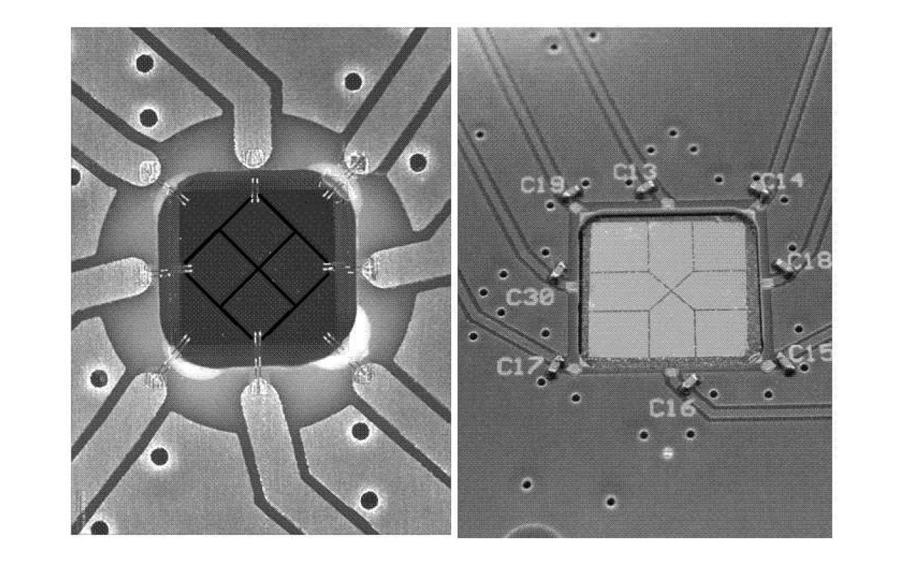 nlarged pictures of the segmentation of the metal surface of the Start detector with size 4.7~mm~x~4.7~mm (left) and Veto detector with size 10~mm~x~10~mm (right)